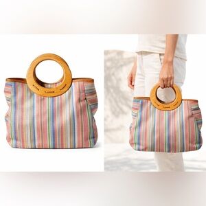 Fossil Striped Canvas Leather Bag Wood Round Handle Boho Coastal Tote Purse Chic